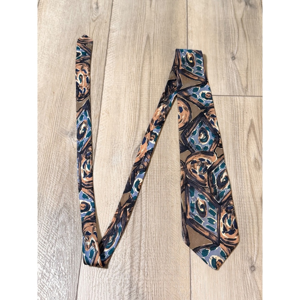 Vintage Pierre Balmain Silk Tie Brown Blue Geometric Abstract 60s Italian Silk